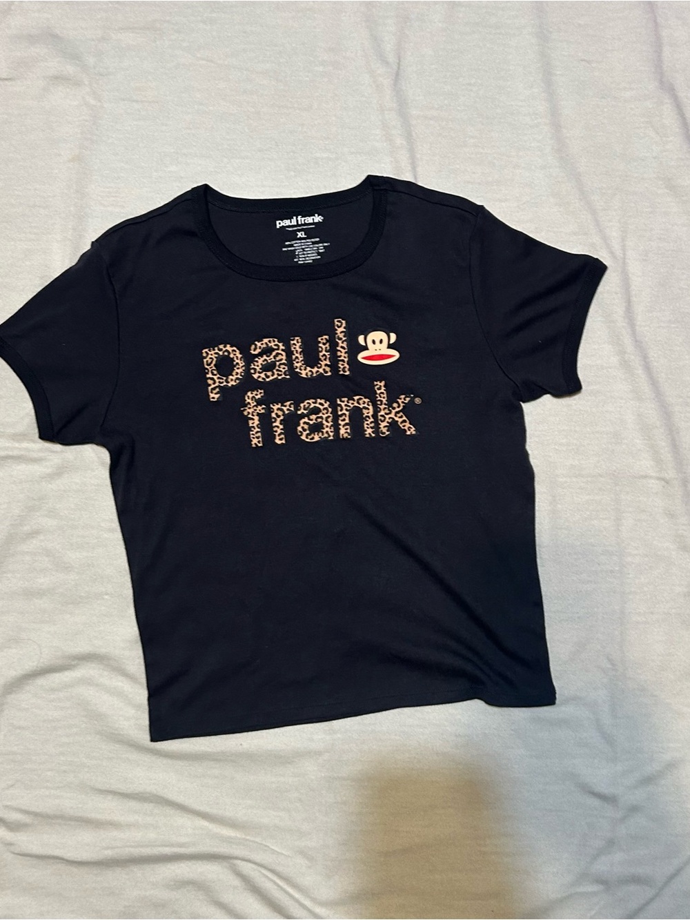 Paul Frank Black Tee with Leopard Print Logo and Monkey